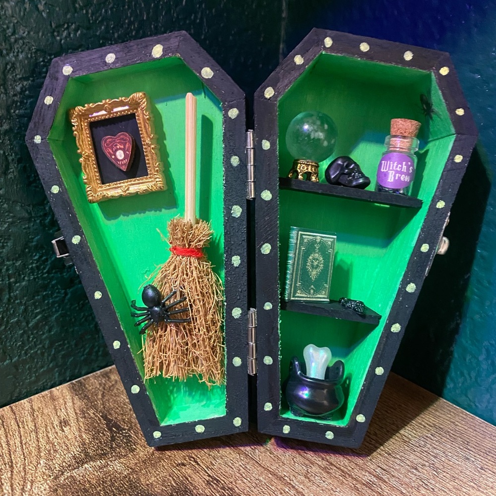 Coffin-Shaped Shadow Box with Witch Decor